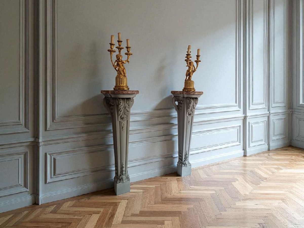 Pair Of Carved Wooden Columns With Aleppo Breccia Marble Tops.-photo-6