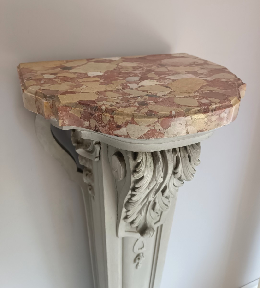 Pair Of Carved Wooden Columns With Aleppo Breccia Marble Tops.-photo-7