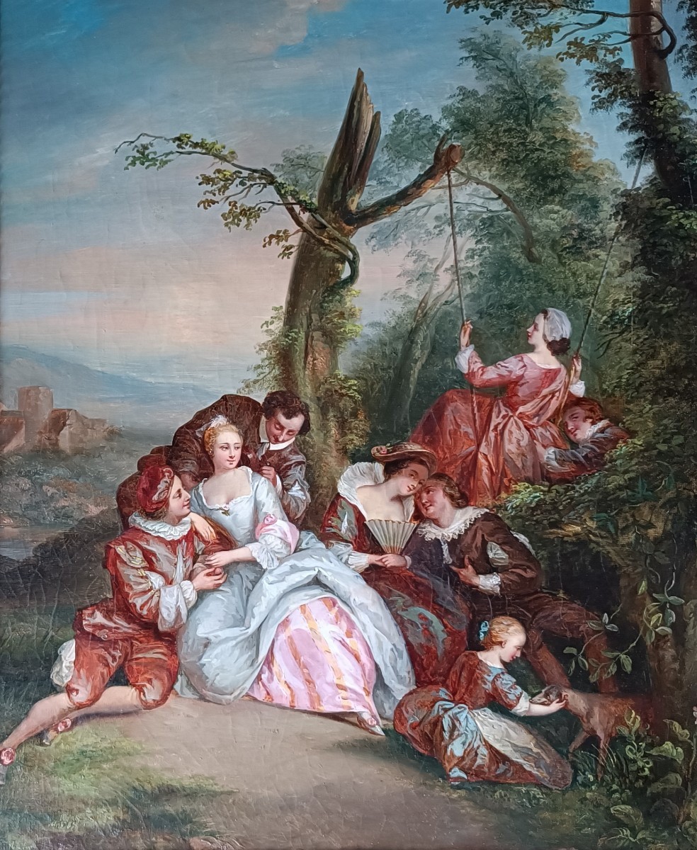 Painting: Romantic Encounters By Jean-baptiste Pater Louis XVI Period Frame-photo-2