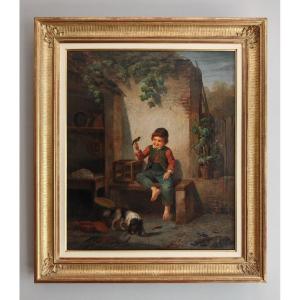 Painting Young Man With Bird Signed And Dated 1847