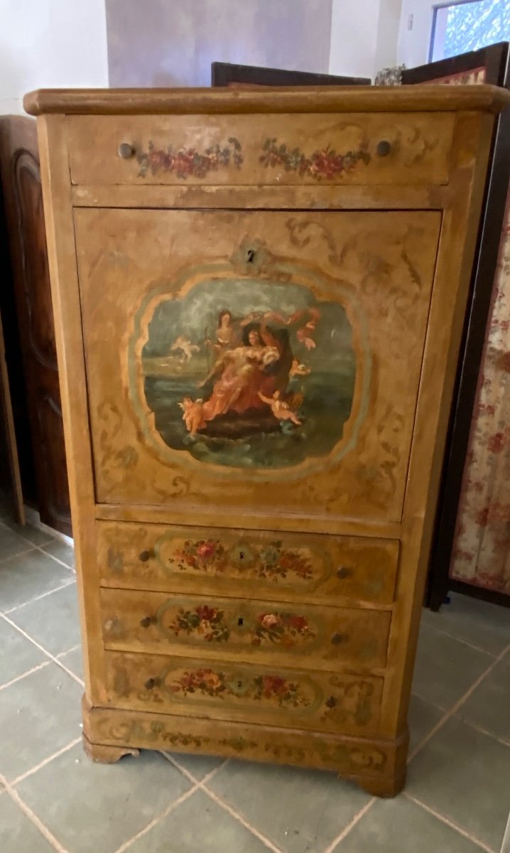 Secrétaire En Bois Peint Style Louis-philippe à Décor De Chérubins Et Personnages.-photo-2