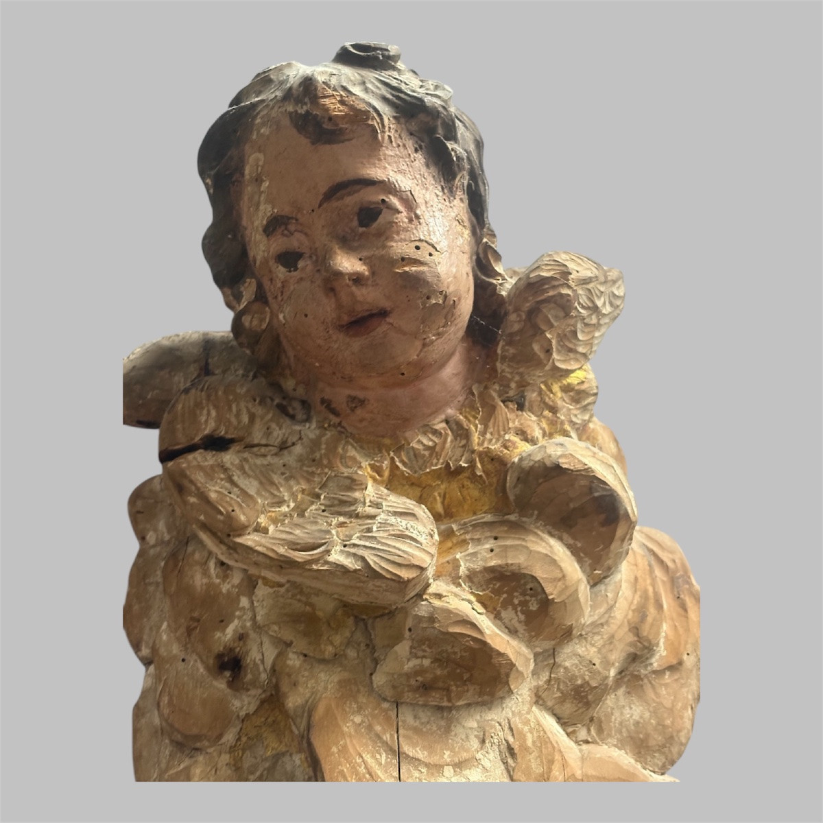 Pair Of Carved, Polychrome And Gilded Wooden Cherub Heads – 17th Century-photo-2