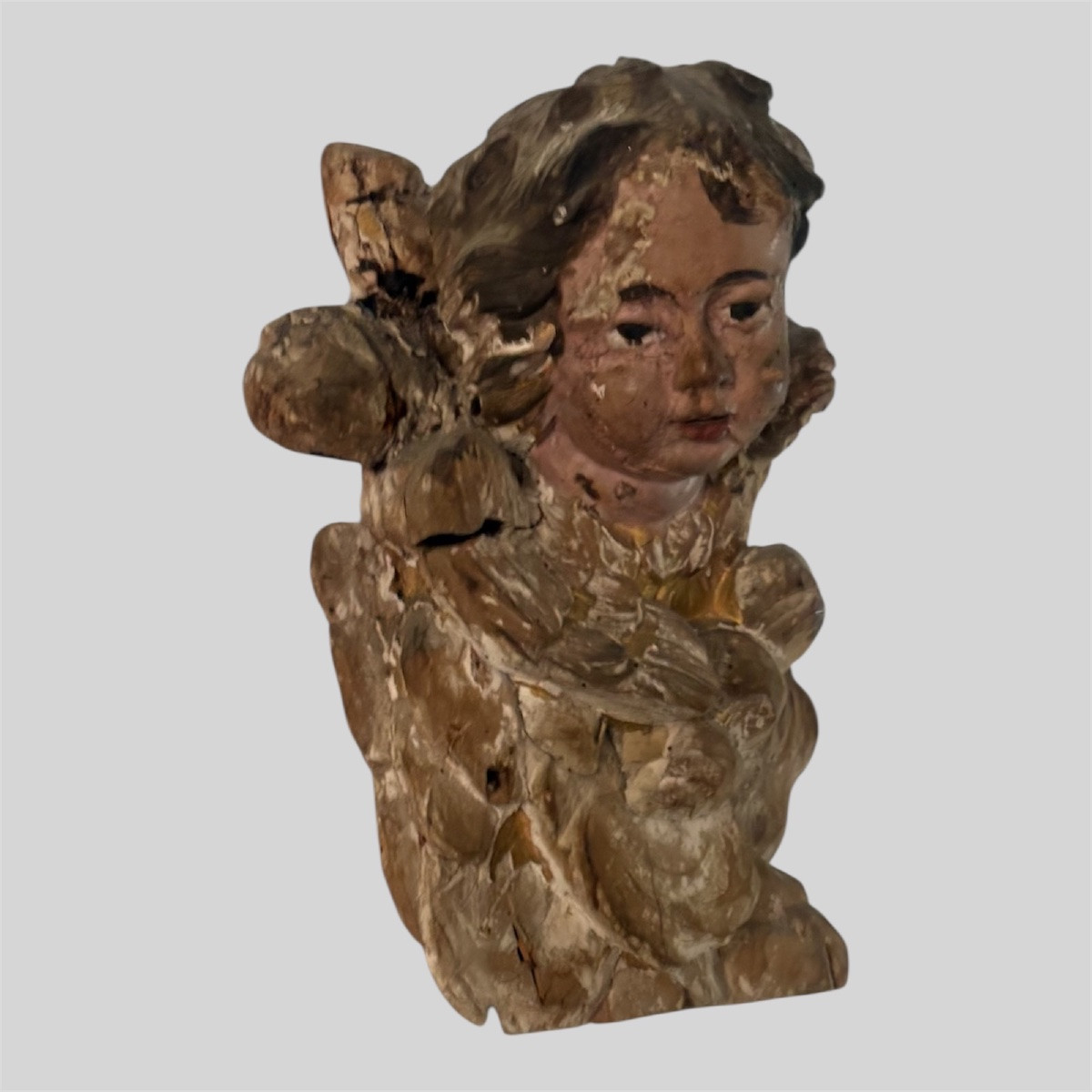 Pair Of Carved, Polychrome And Gilded Wooden Cherub Heads – 17th Century-photo-3