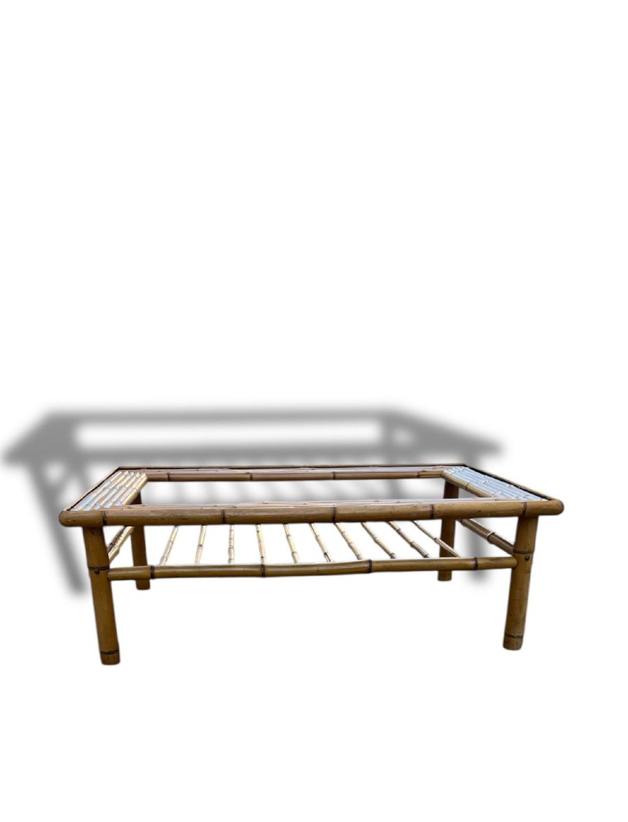 Table basse vintage en bambou – Plateau en verre – Années 1960/70-photo-3