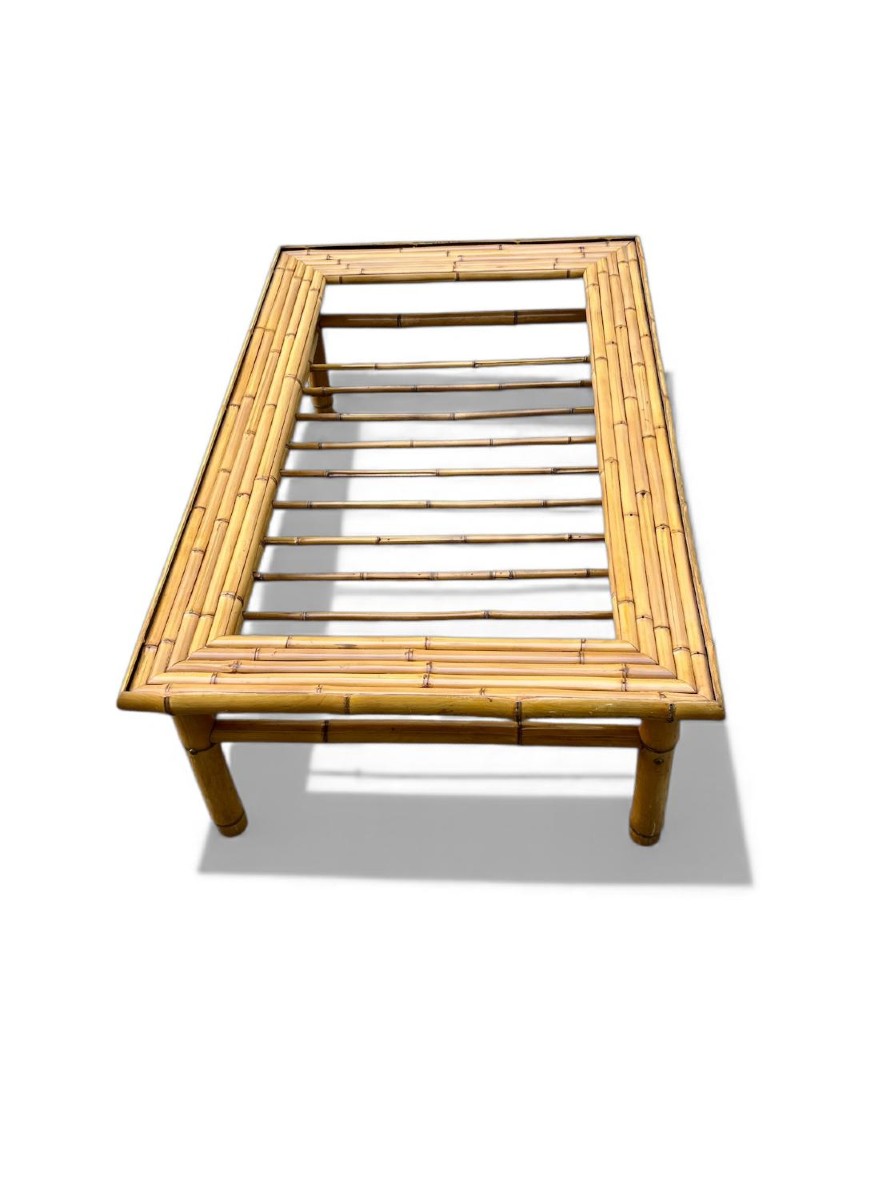 Table basse vintage en bambou – Plateau en verre – Années 1960/70