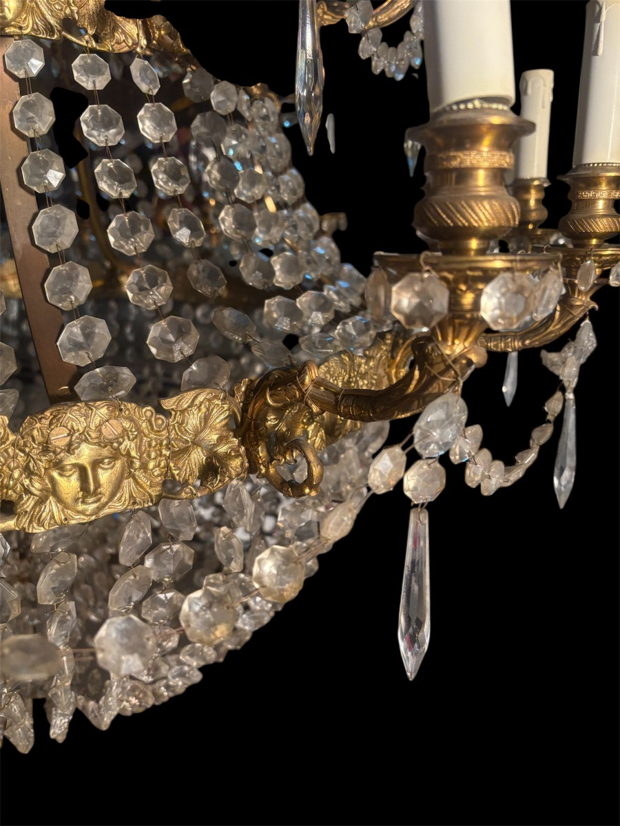 GRAND LUSTRE PANIER EN BRONZE DORÉ ET CRISTAL MILIEU DU 19ème SIÈCLE-photo-2