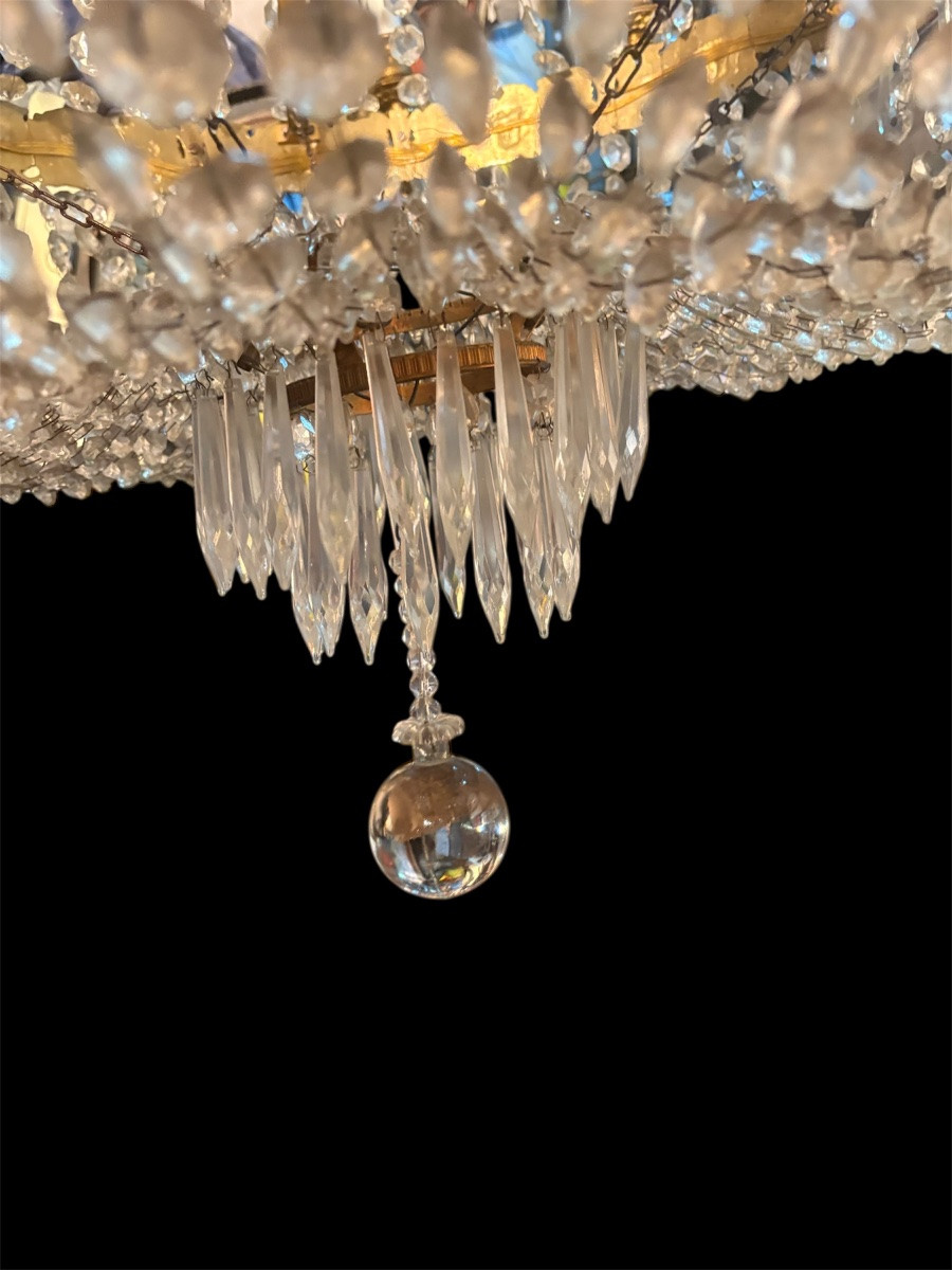 GRAND LUSTRE PANIER EN BRONZE DORÉ ET CRISTAL MILIEU DU 19ème SIÈCLE-photo-3