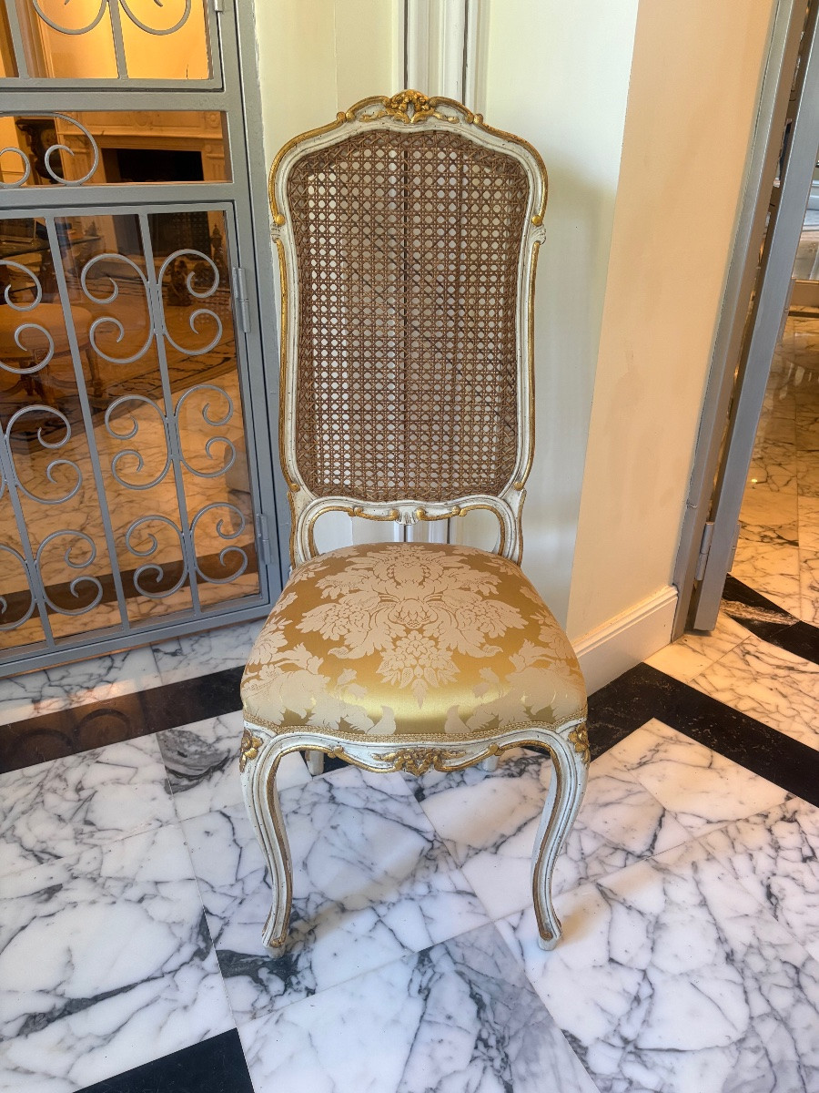 Suite Of 12 Louis XV Style Caned Chairs, Lacquered Wood And Gilded Rechampi, 20th Century-photo-2