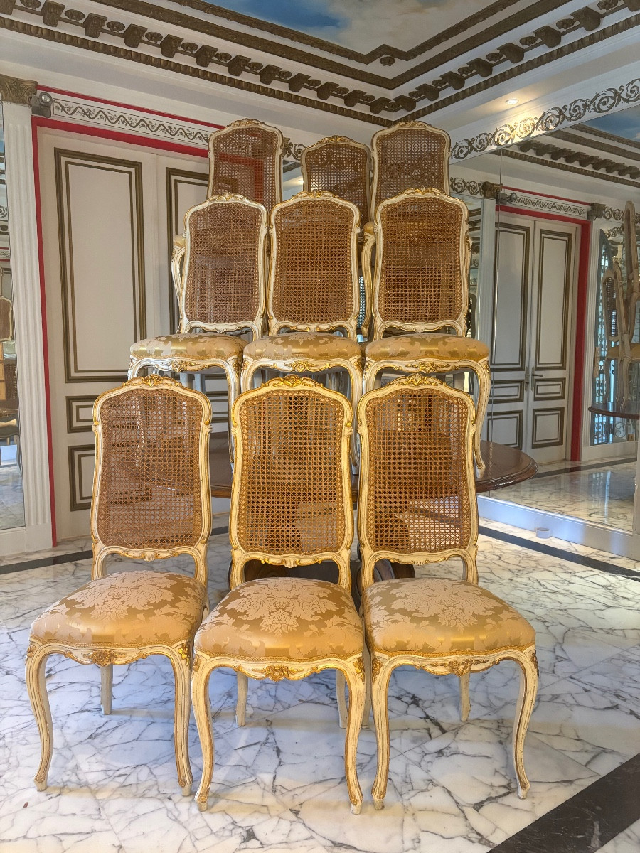 Suite Of 12 Louis XV Style Caned Chairs, Lacquered Wood And Gilded Rechampi, 20th Century