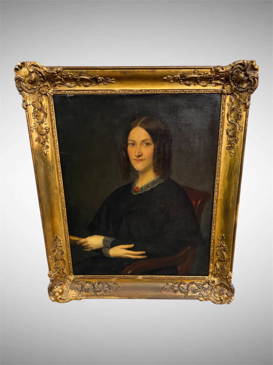 Portrait Of A Young Woman – Oil On Canvas, Signed A. Bligny – 1863 – 19th-century Gilded Frame