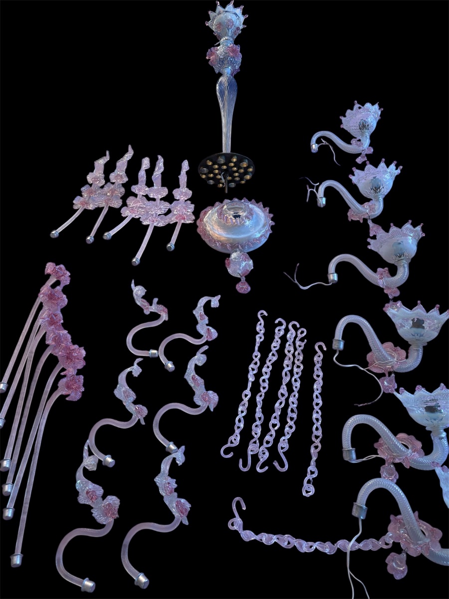 Venetian Murano Glass Chandelier, Clear And Pink, 5-light, Circa 1920-photo-4