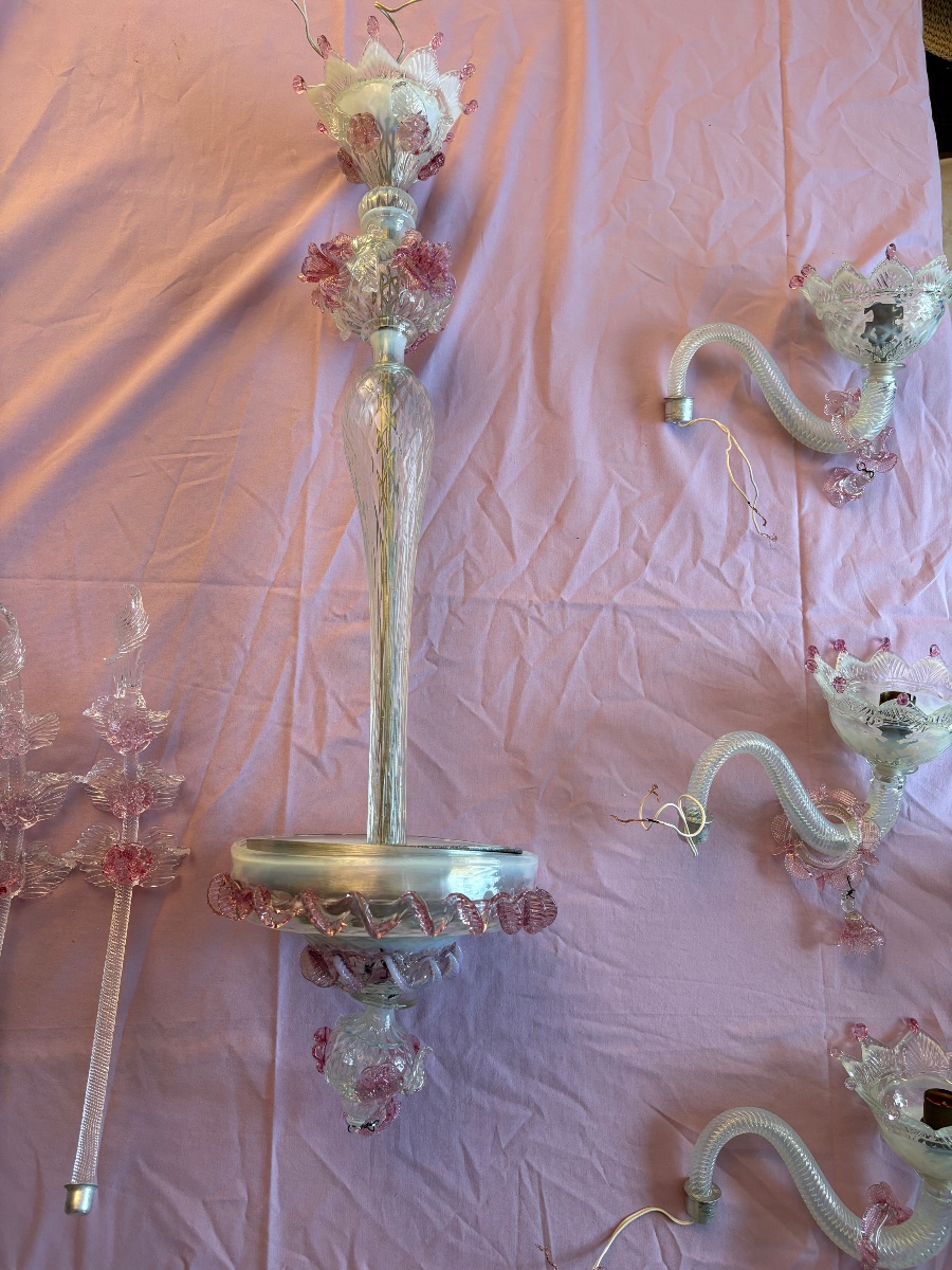 Venetian Murano Glass Chandelier, Clear And Pink, 5-light, Circa 1920-photo-5