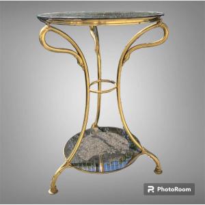 Pedestal Side Table In Brass And Smoked Glass From The 1960s - Italy Modern Régence Néocl