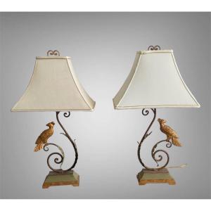 Pair Of Lamps Representing A Parrot In Golden Wrought Iron On An Acanthus Leaf 