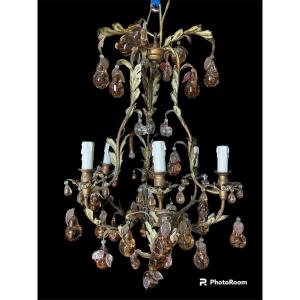 Wrought Iron Chandelier Acanthus Leaves Glass In The Shape Of Crystal Fruits