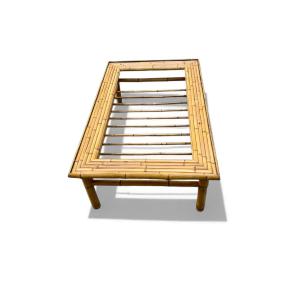 Table basse vintage en bambou – Plateau en verre – Années 1960/70