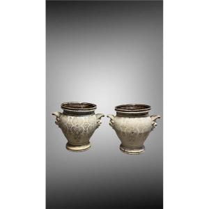 "Paire de pots à agrumes en Fonte émaillée, Emaillerie Du Bourget, France, Vers 1875 / 1880"