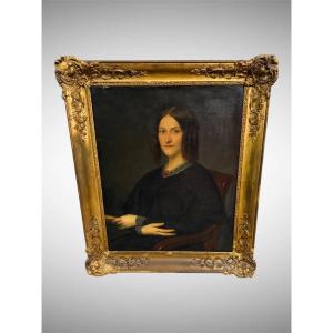 Portrait de jeune femme – Huile sur toile signée – 1866 Cadre doré XIXᵉ