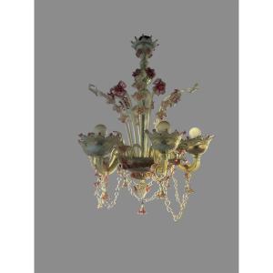 Lustre Vénitien En Verre De Murano Incolore Et Rose 5 Bras De Lumière Vers 1920