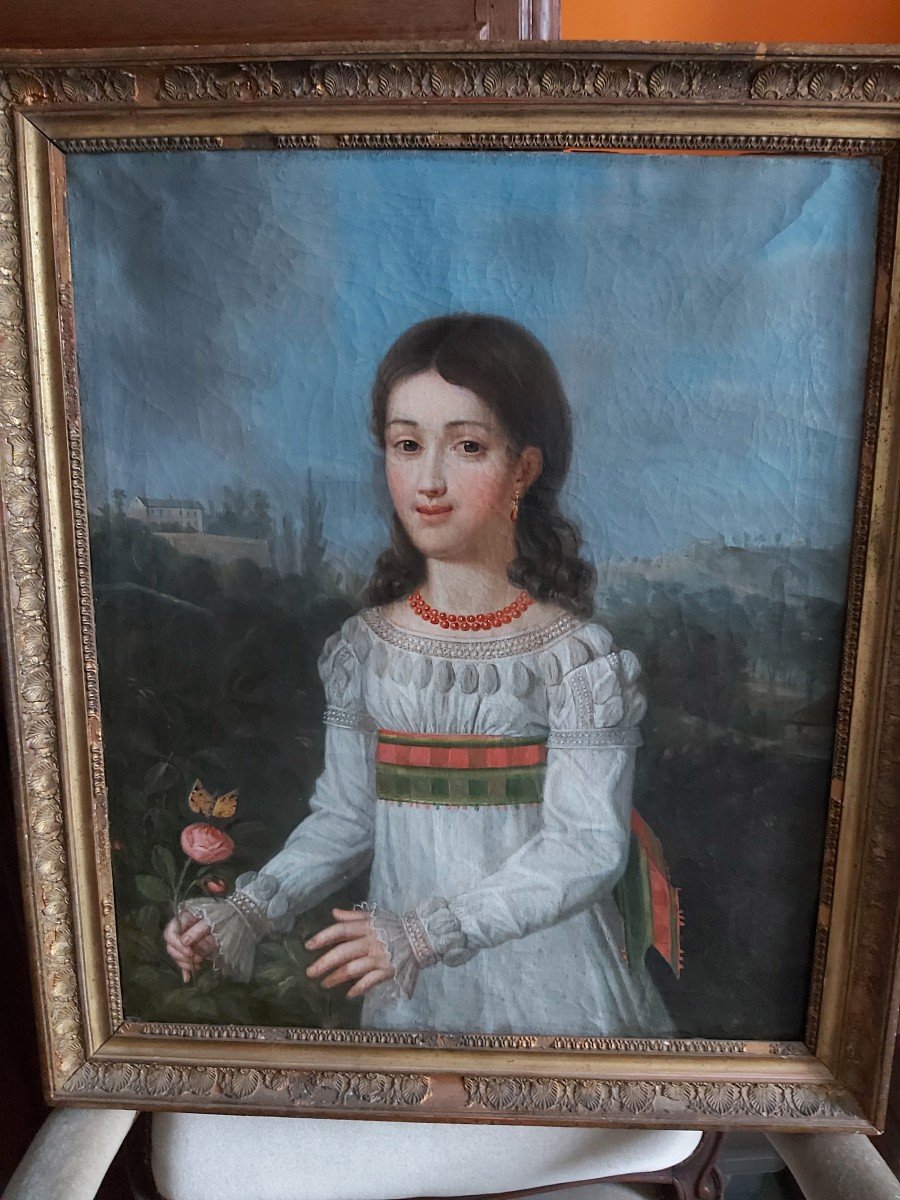 19th Century Restoration Portrait Young Girl With The Rose 