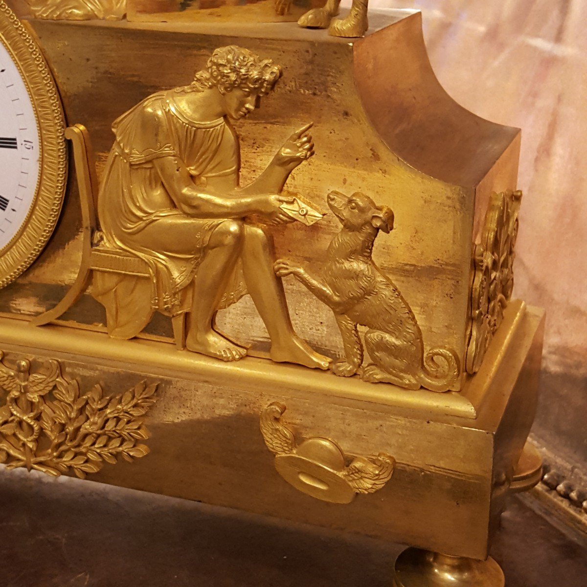 Empire : Pendule Bronze Doré " La Jeune Femme Et Son  Chien .-photo-2
