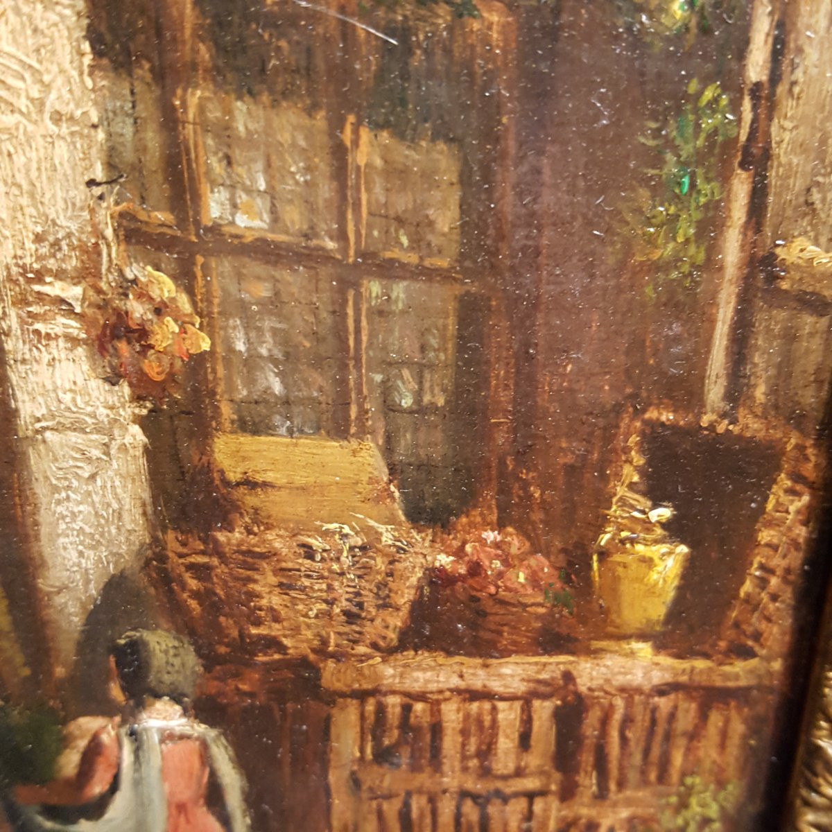 Femme Et Enfant Devant La Chaumière : Tableau XIXème .-photo-2