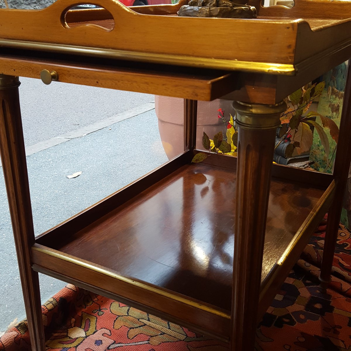 Double-top Tea Table With Mahogany And Brass Extensions -photo-2
