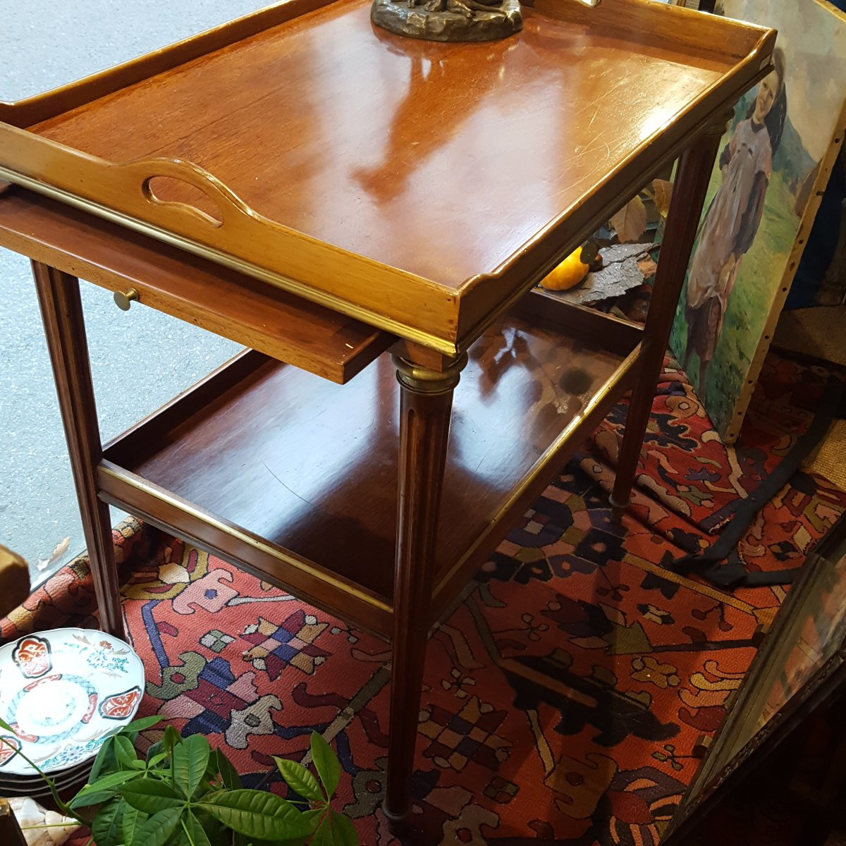 Double-top Tea Table With Mahogany And Brass Extensions -photo-4