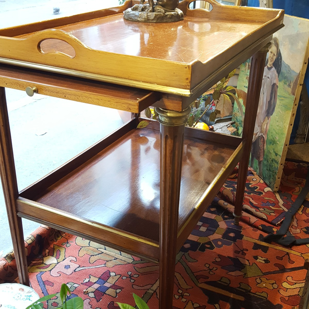 Double-top Tea Table With Mahogany And Brass Extensions 