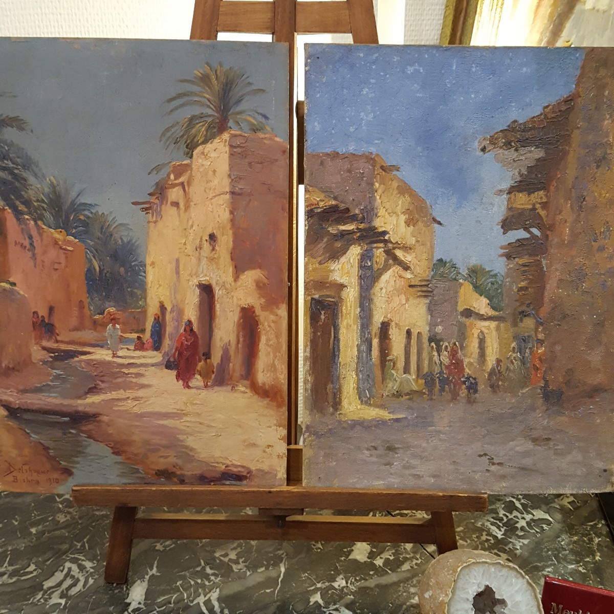 Alexis Auguste Delahogue Biskra 1910 Two Paintings Animated Streets