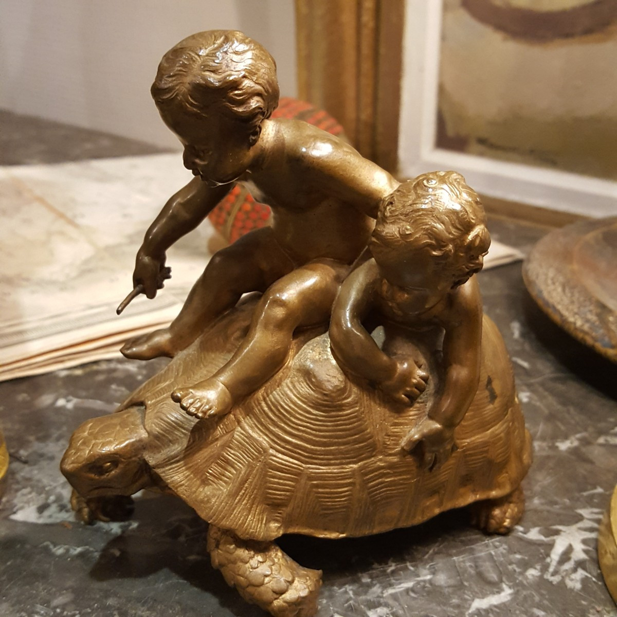 Louis Ernest Barrias bronze Barbedienne: Enfants sur une Tortue 