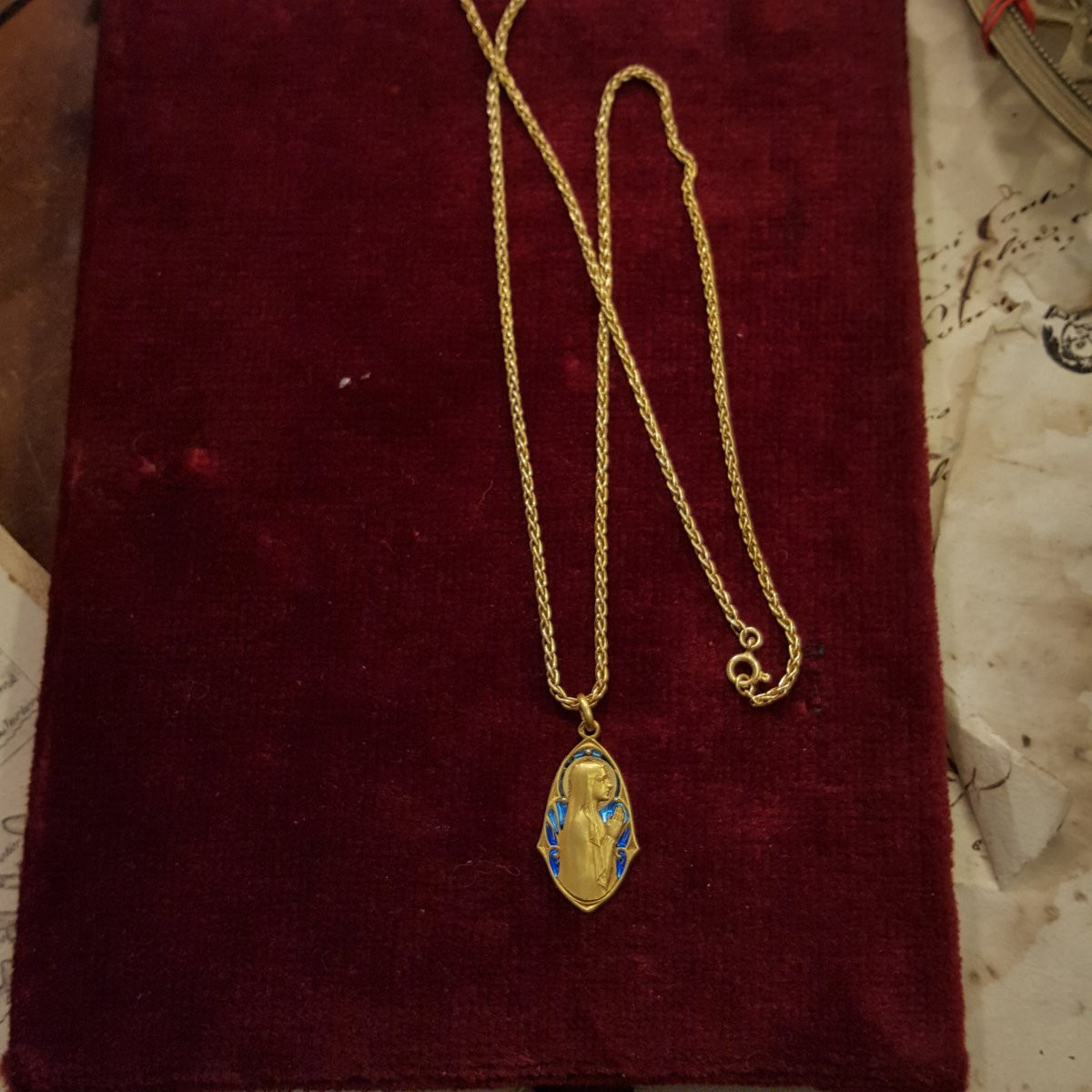 Gold Chain With Art Nouveau Gold Plated Enamel Medal-photo-2