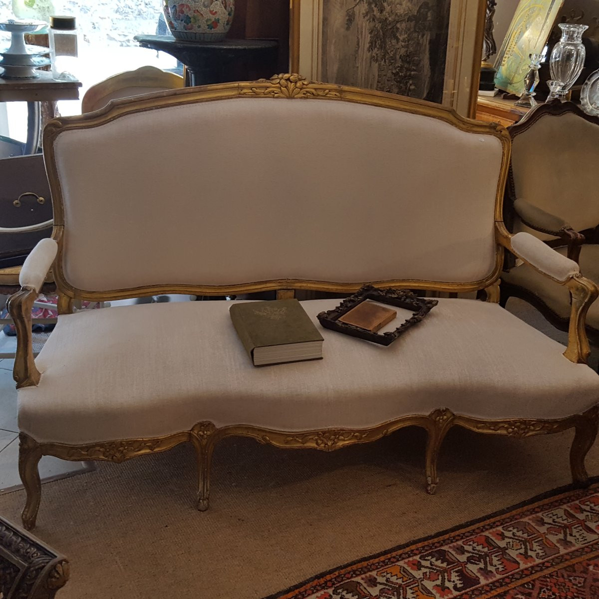 Louis XV 3-seater Bench Sofa In Gilded Wood-photo-1
