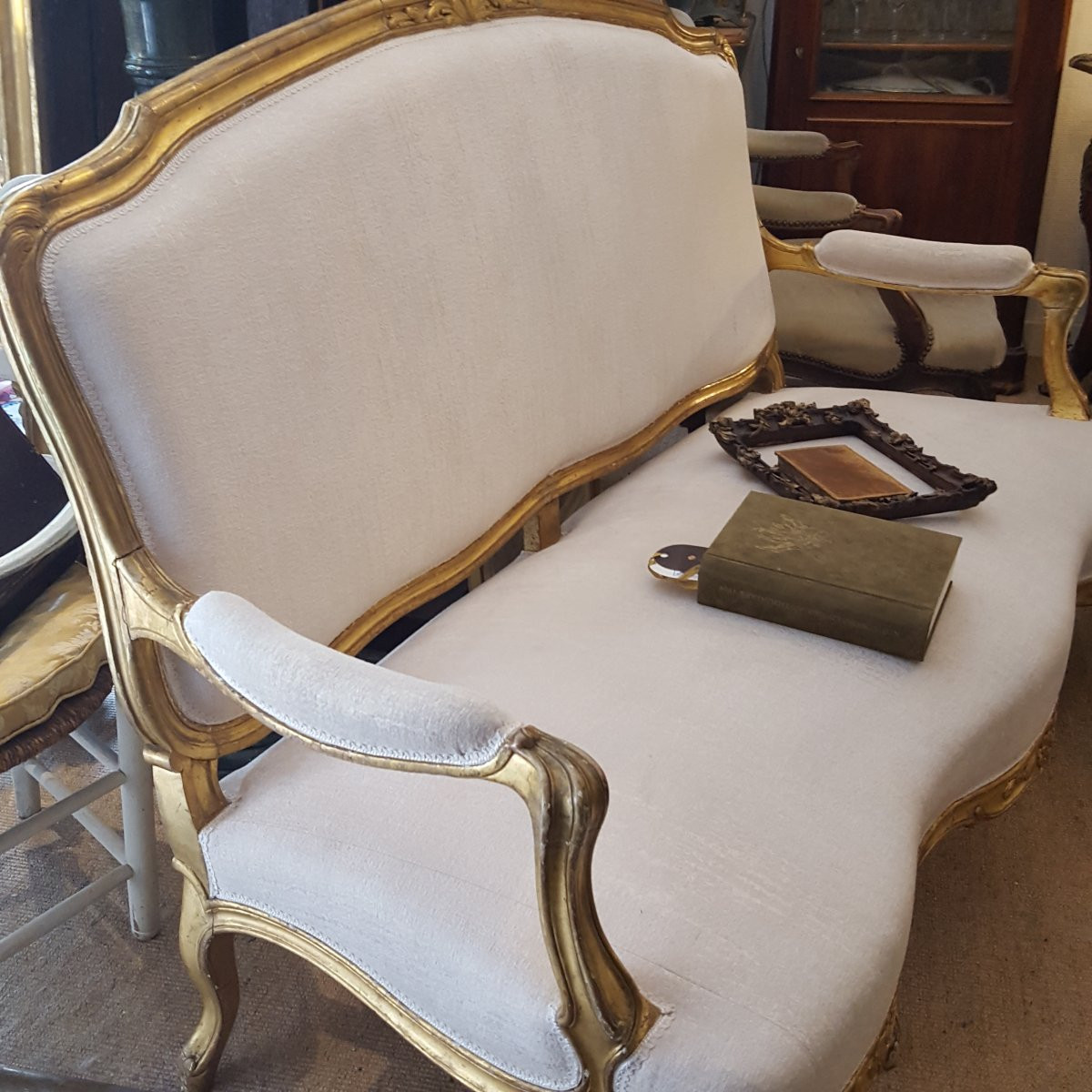 Louis XV 3-seater Bench Sofa In Gilded Wood-photo-2