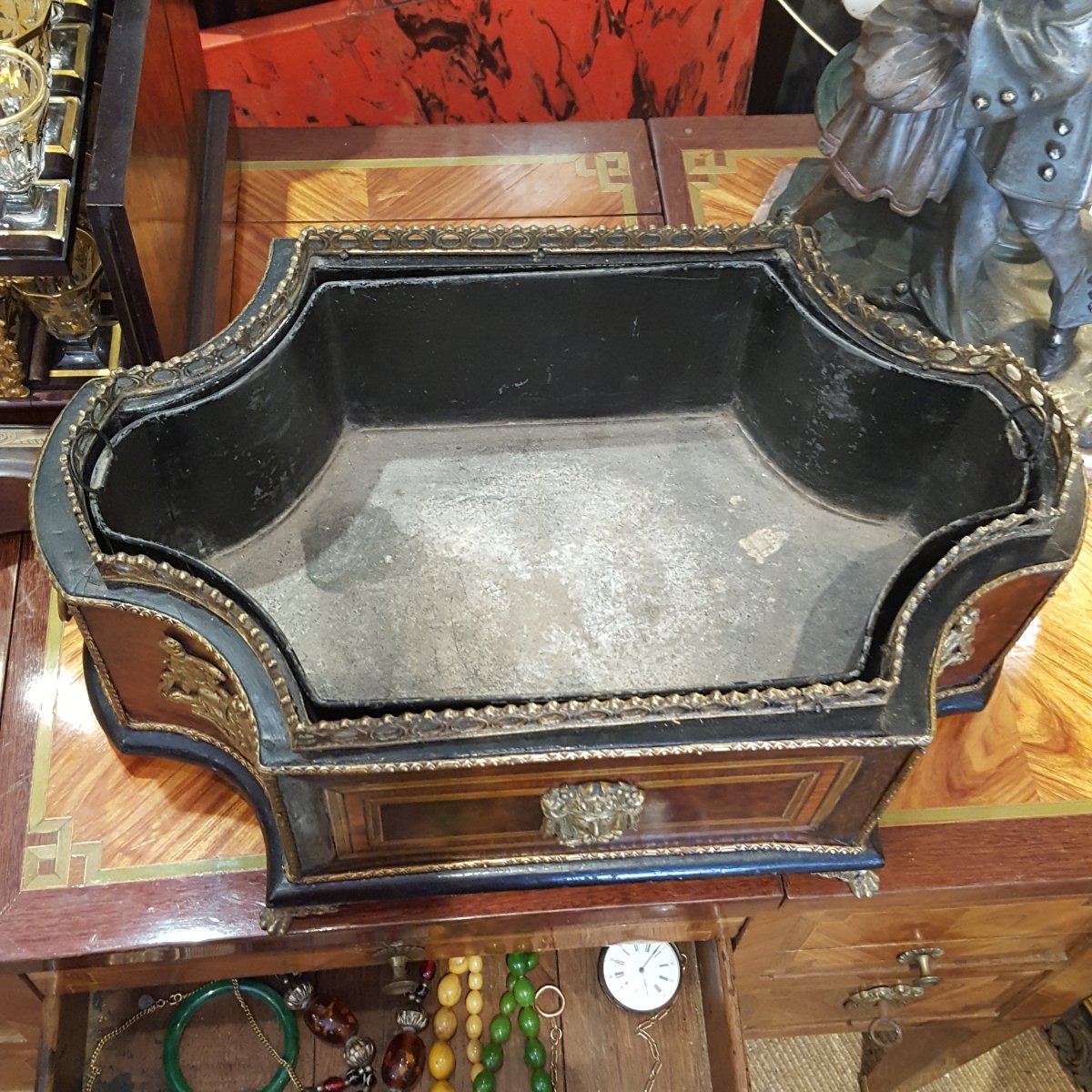 Jardinière marqueterie et bronze avec son intérieur XIXème-photo-3