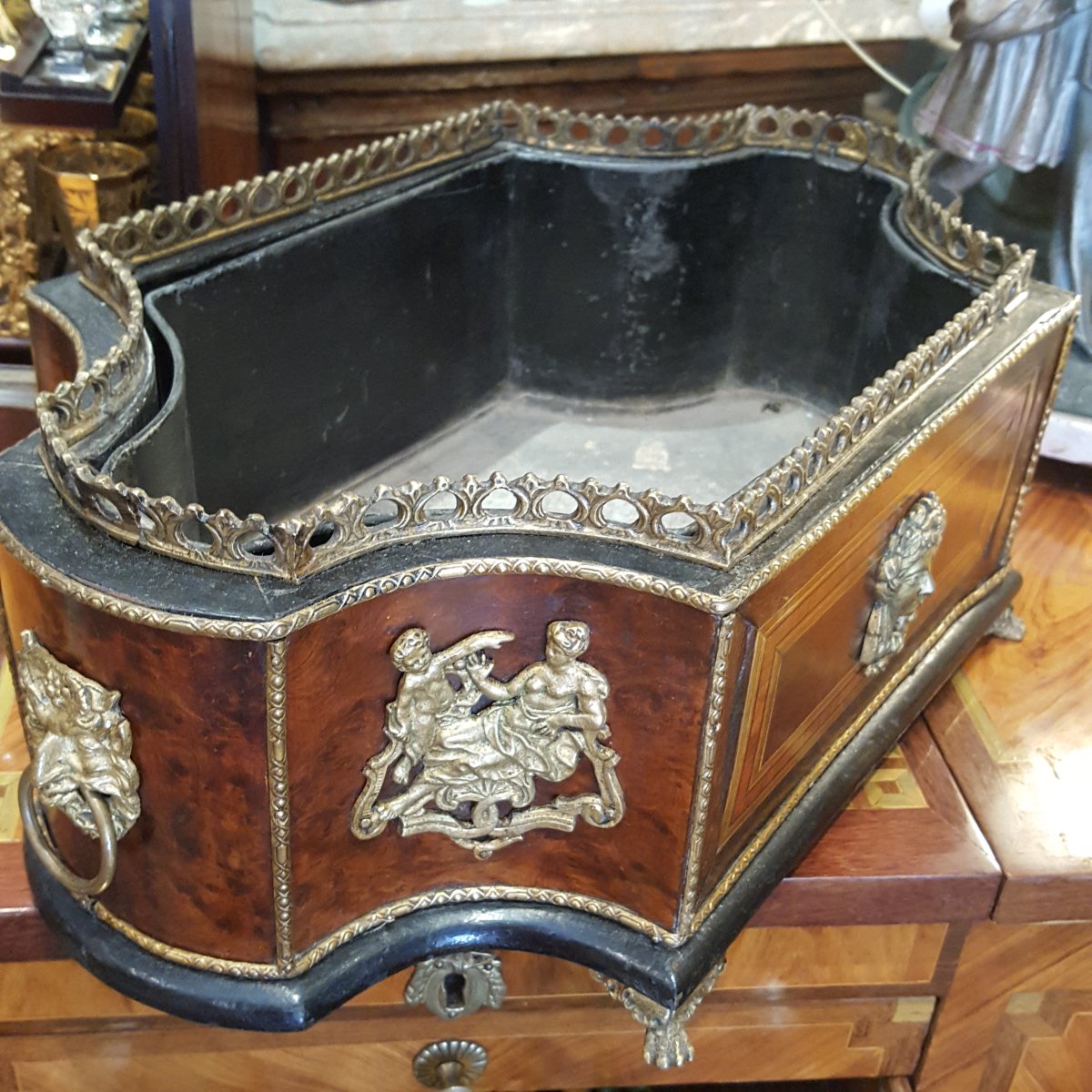 Jardinière marqueterie et bronze avec son intérieur XIXème-photo-1