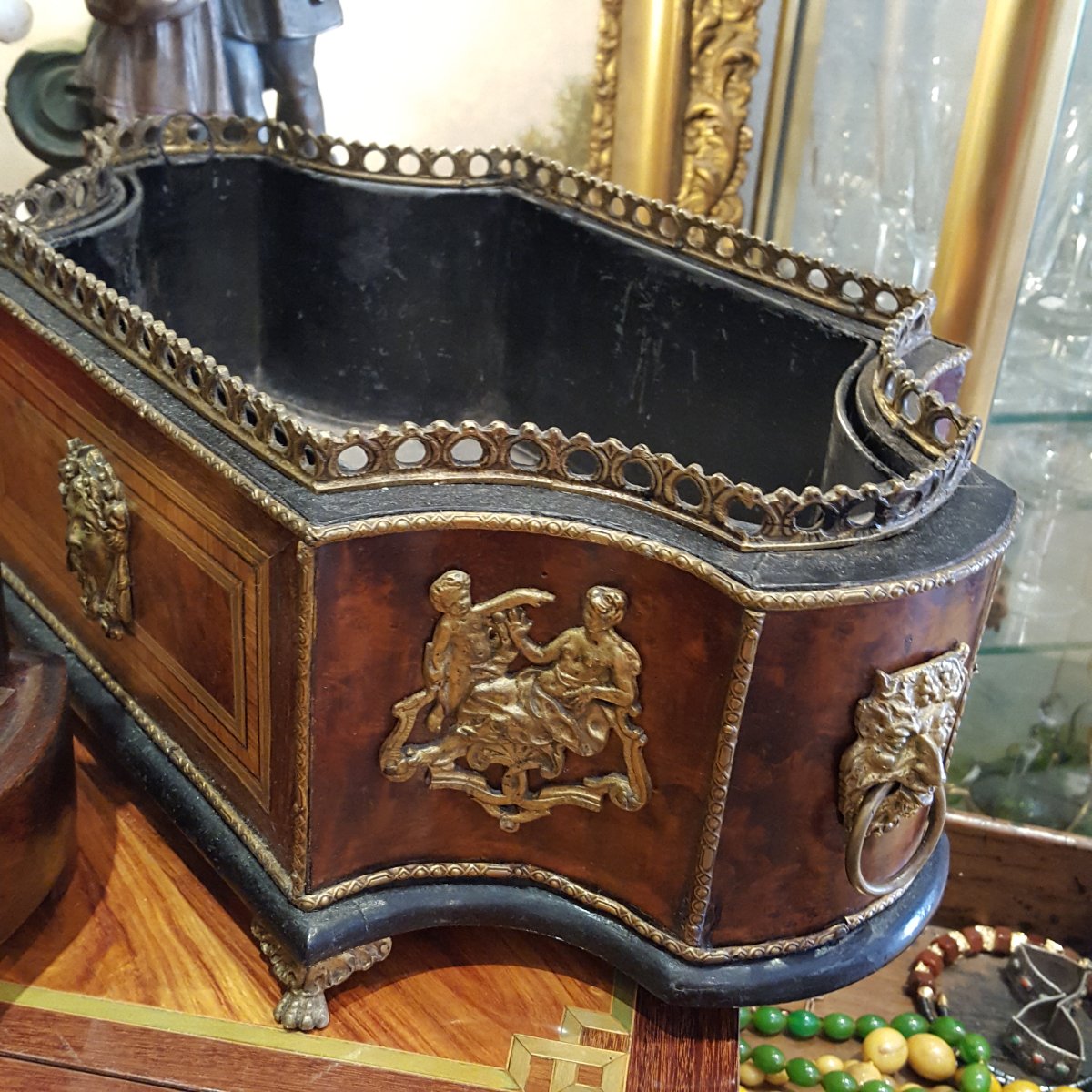 Jardinière marqueterie et bronze avec son intérieur XIXème-photo-2