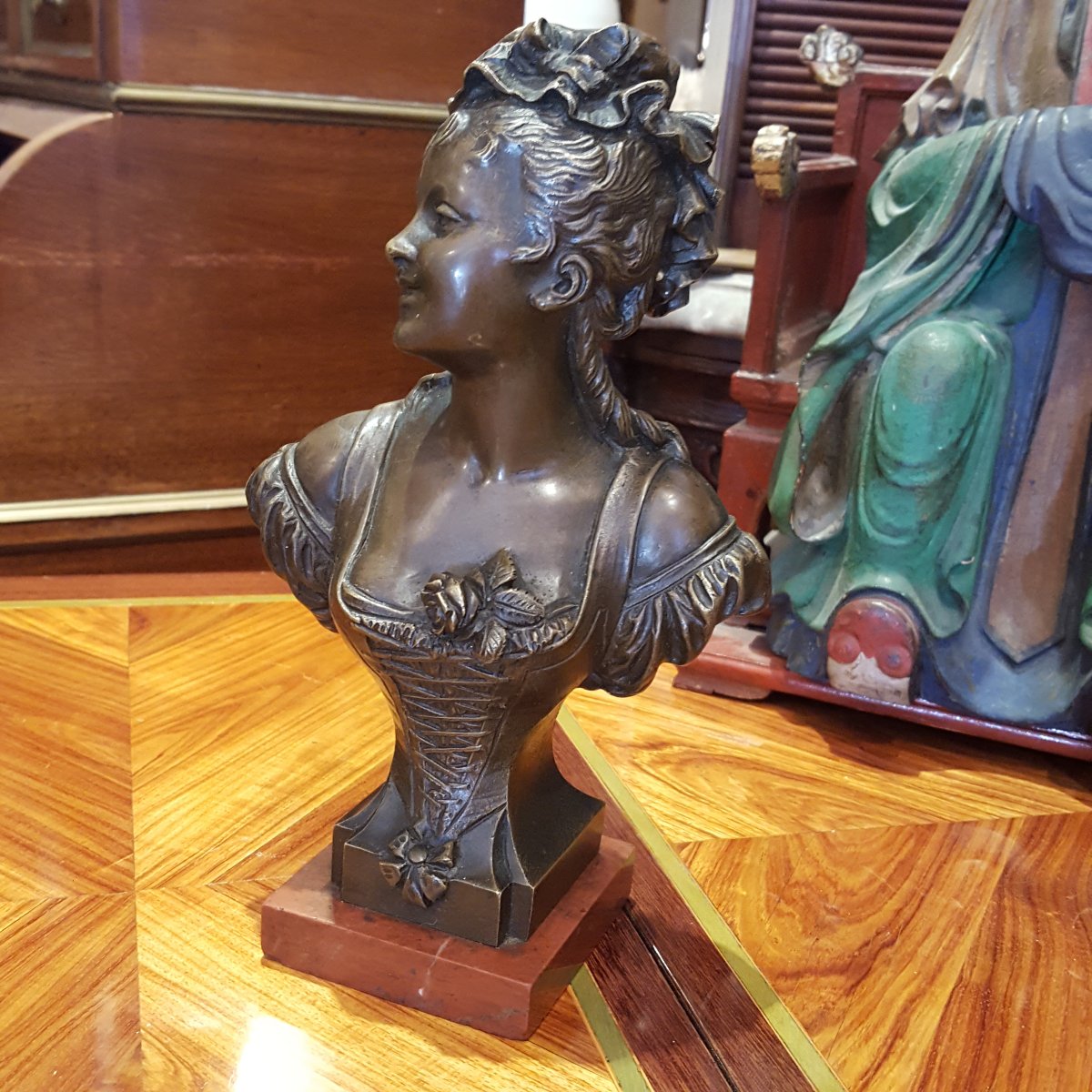 Buste bronze" Femme à la rose" XIXème signé-photo-1