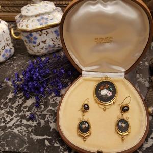 Charles X Gold And Marble Marquetry Brooch And Earrings Set
