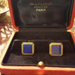 Paire De Boutons De Manchette  Carré Or Et Lapis Lazuli