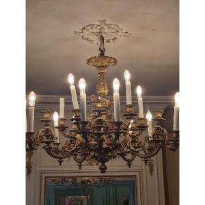 Imposant  Lustre Mazarin En Bronze Doré  : 20 lumières