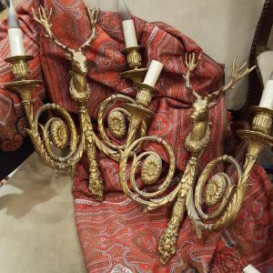 "la Chasse" Paire d'Appliques En Bronze Doré