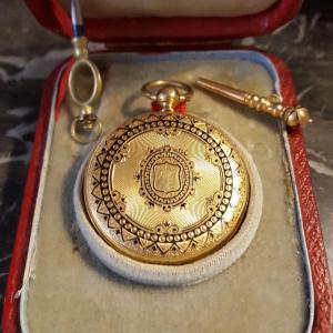 Montre Gousset et sa Clé or émaillées en coffret Charles X