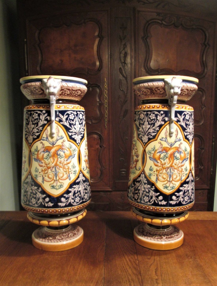 Sarreguemines, Pair Of "balustre" Hand Painted Vases-photo-2