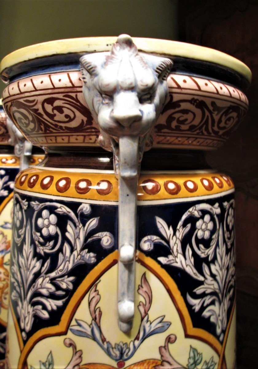 Sarreguemines, Pair Of "balustre" Hand Painted Vases-photo-1