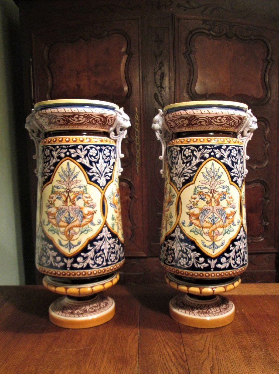 Sarreguemines, Pair Of "balustre" Hand Painted Vases