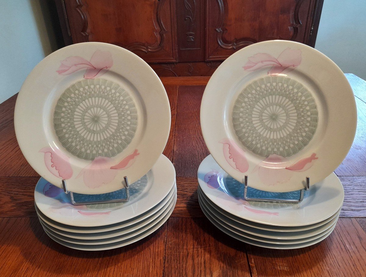 Hermès, Les Pivoines, Limoges, Porcelain, 12 Dessert Plates