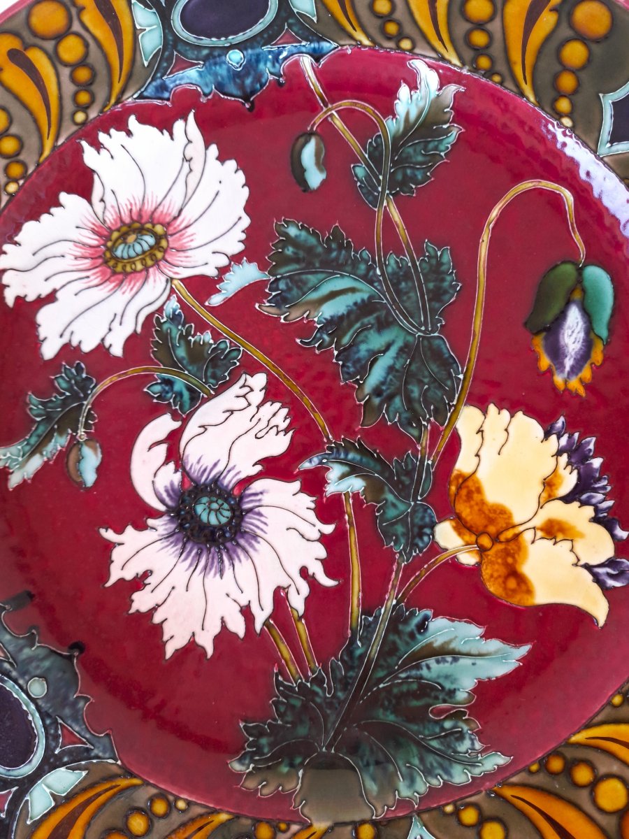 Sarreguemines, Majolique, Art Nouveau, Monumental Plat à Décor Cloisonné De Pavots-photo-2