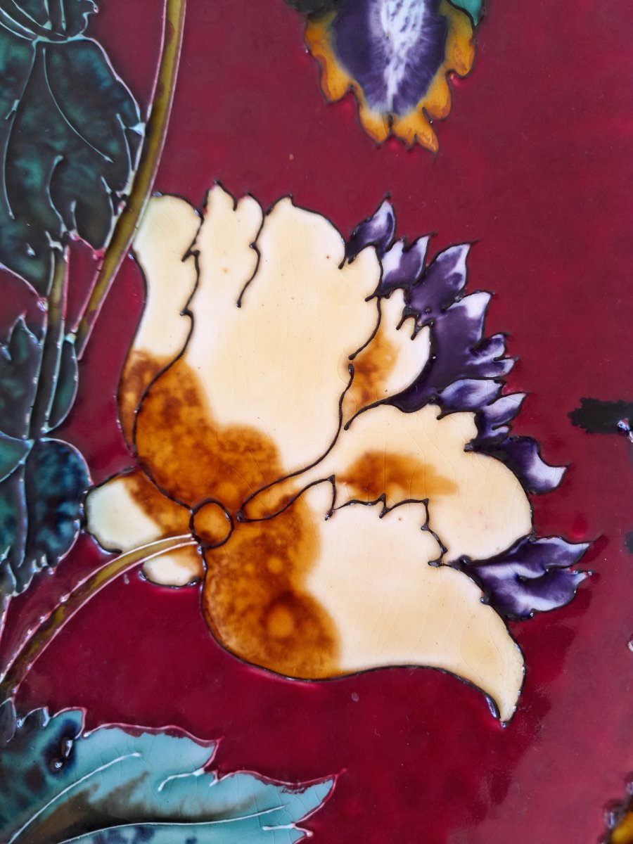 Sarreguemines, Majolique, Art Nouveau, Monumental Plat à Décor Cloisonné De Pavots-photo-3