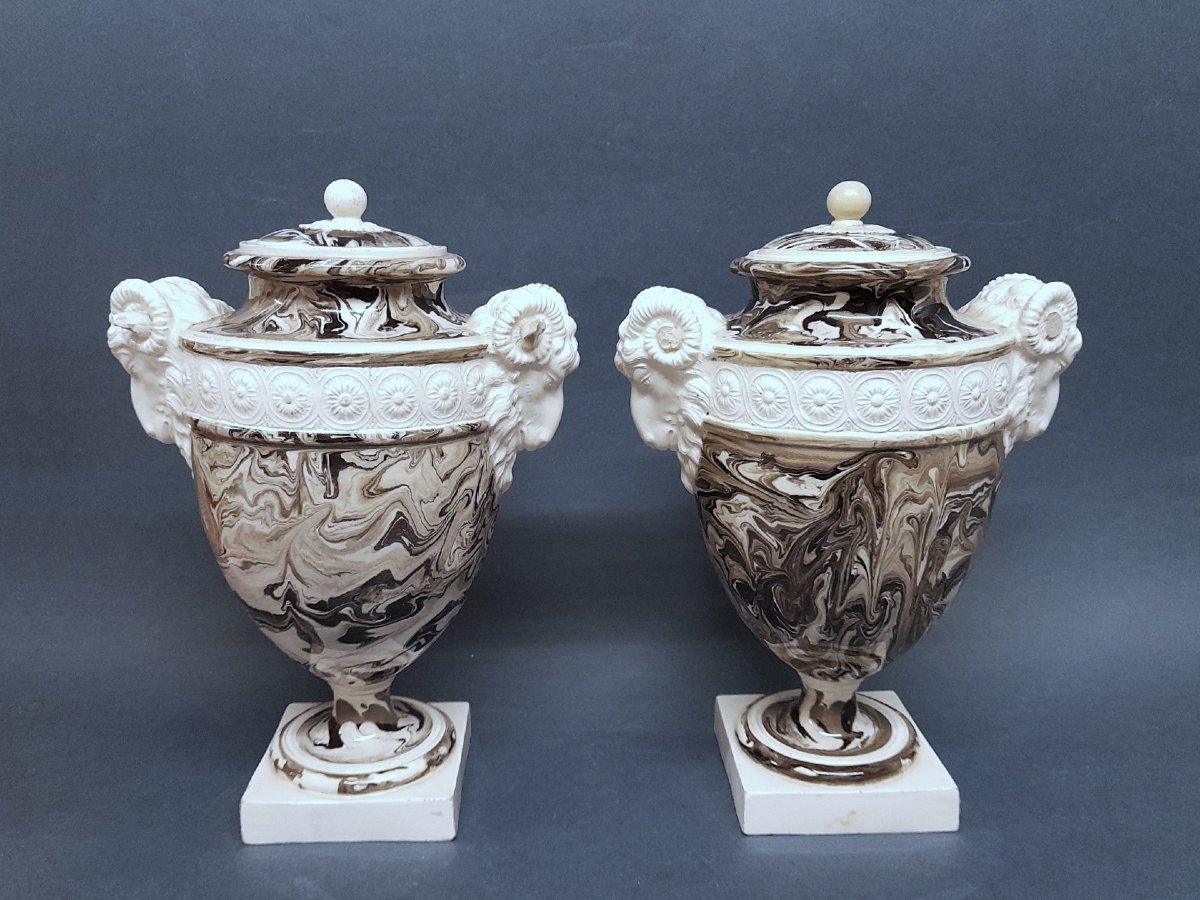Sarreguemines, Pair Of Engobe Marbled Vases-photo-3